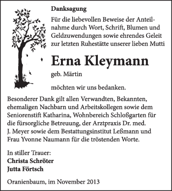 Traueranzeige von Erna Kleymann von WVG - Wochenspiegel Wittenberg