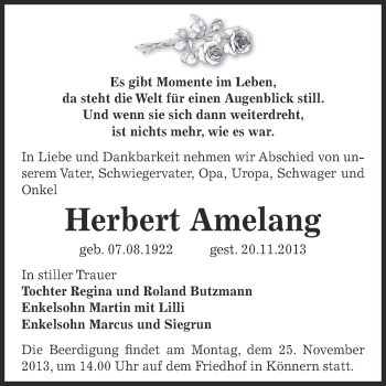 Traueranzeige von Herbert Amelang von Super Sonntag Bernburg