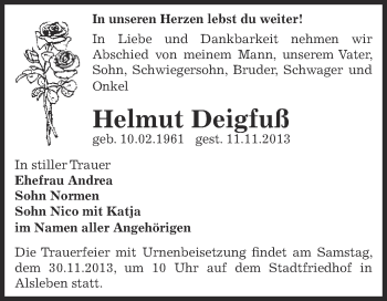 Traueranzeige von Helmut Deigfuß von Super Sonntag Bernburg