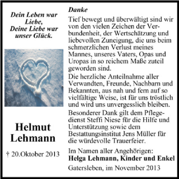 Traueranzeige von Helmut Lehmann von Super Sonntag Aschersleben