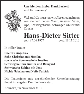 Traueranzeige von Hans-Dieter Sitter von Super Sonntag Bernburg
