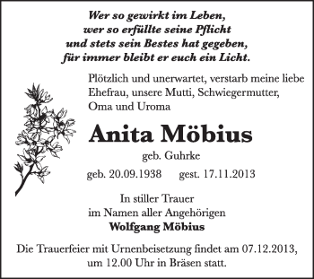 Traueranzeige von Anita Möbius von Super Sonntag Dessau / Köthen