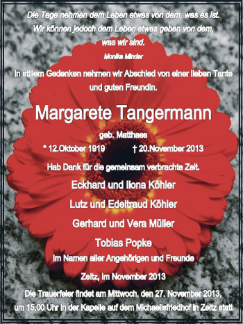 Traueranzeige von Margarete Tangermann von Super Sonntag Zeitz