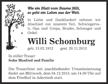 Traueranzeige von Willi Schomburg von Super Sonntag Bernburg