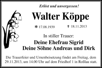 Traueranzeige von Waltraud Köppe von Super Sonntag Dessau / Köthen