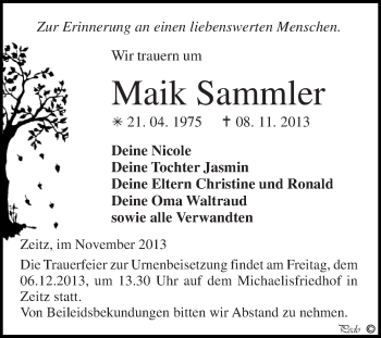 Traueranzeige von Maik Sammler von Super Sonntag Zeitz
