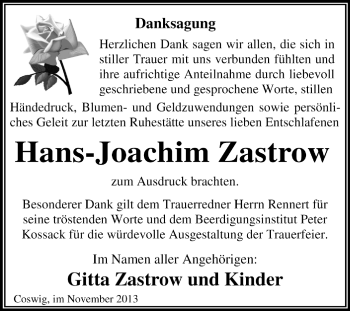 Traueranzeige von Hans-Joachim Zastrow von Super Sonntag Dessau / Köthen