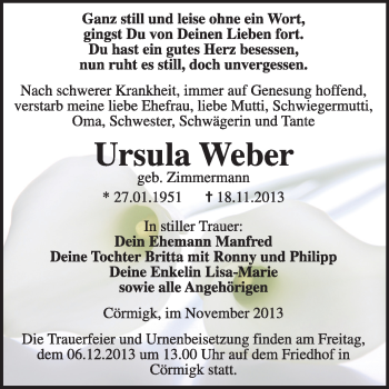 Traueranzeige von Ursula Weber von Super Sonntag Dessau / Köthen