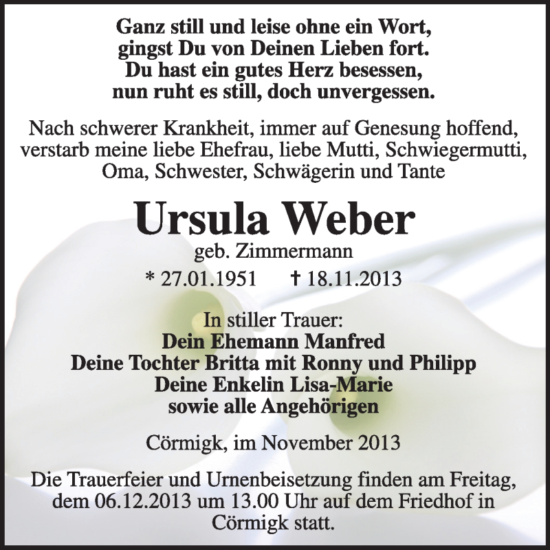  Traueranzeige für Ursula Weber vom 24.11.2013 aus Super Sonntag Dessau / Köthen