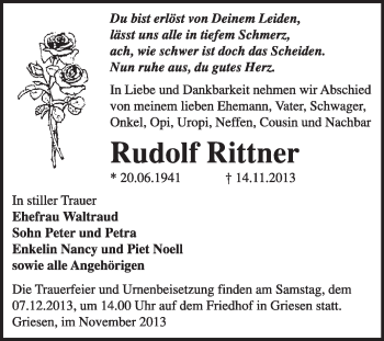 Traueranzeige von Rudolf Rittner von Super Sonntag Wittenberg