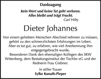 Traueranzeige von Dieter Johannes von WVG - Wochenspiegel Wittenberg