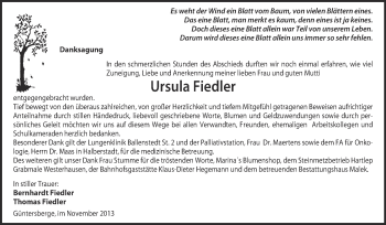 Traueranzeige von Ursula Fiedler von WVG - Wochenspiegel Quedlinburg