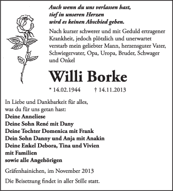 Traueranzeige von Willi Borke von WVG - Wochenspiegel Wittenberg