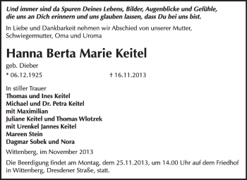 Traueranzeige von Hanna Berta Marie Keitel von WVG - Wochenspiegel Wittenberg