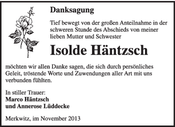 Traueranzeige von Isolde Häntzsch von WVG - Wochenspiegel Wittenberg