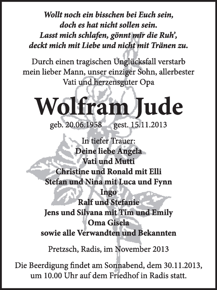  Traueranzeige für Wolfram Jude vom 24.11.2013 aus WVG - Wochenspiegel Wittenberg