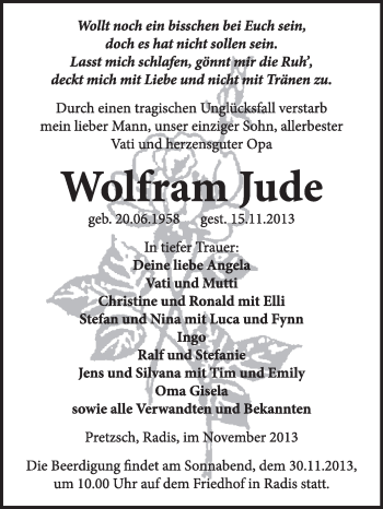 Traueranzeige von Wolfram Jude von WVG - Wochenspiegel Wittenberg