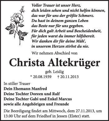 Traueranzeige von Christa Altekrüger von WVG - Wochenspiegel Wittenberg