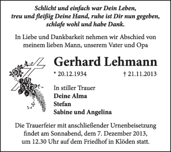 Traueranzeige von Gerhard Lehmann von WVG - Wochenspiegel Wittenberg