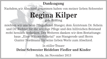 Traueranzeige von Regina Kilper von Wochenspiegel Mansfelder Land
