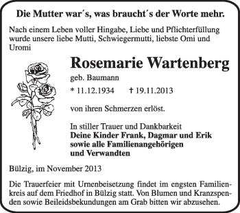 Traueranzeige von Rosemarie Wartenberg von Super Sonntag Wittenberg