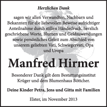Traueranzeige von Manfred Hirmer von WVG - Wochenspiegel Wittenberg