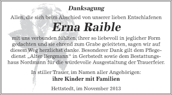 Traueranzeige von Erna Raible von Wochenspiegel Mansfelder Land