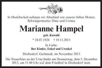 Traueranzeige von Marianne Hampel von WVG - Wochenspiegel Aschersleben