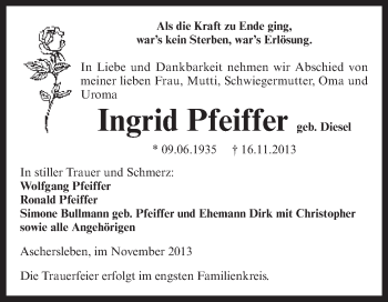 Traueranzeige von Ingrid Pfeiffer von WVG - Wochenspiegel Aschersleben