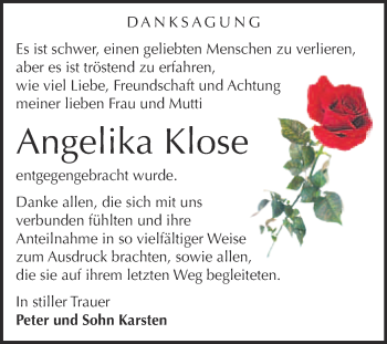 Traueranzeige von Angelika Klose von WVG - Wochenspiegel NMB / WSF / ZTZ