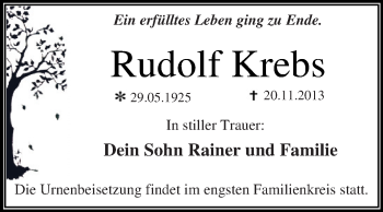 Traueranzeige von Rudolf Krebs von WVG - Wochenspiegel Dessau / Köthen