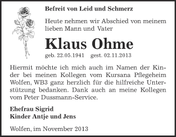 Traueranzeige von Klaus Ohme von WVG - Wochenspiegel Bitterfeld