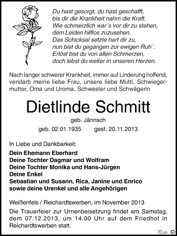 Traueranzeige von Dietlinde Schmitt von WVG - Wochenspiegel NMB / WSF / ZTZ