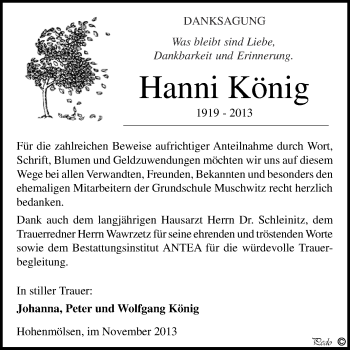 Traueranzeige von Hanni König von WVG - Wochenspiegel NMB / WSF / ZTZ