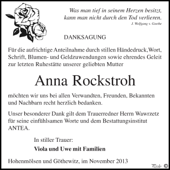 Traueranzeige von Anna Rockstroh von WVG - Wochenspiegel NMB / WSF / ZTZ