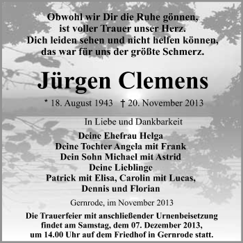 Traueranzeige von Jürgen Clemens von WVG - Wochenspiegel Quedlinburg