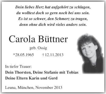 Traueranzeige von Carola Büttner von WVG - Wochenspiegel Merseburg
