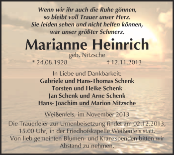 Traueranzeige von Marianne Heinrich von WVG - Wochenspiegel NMB / WSF / ZTZ