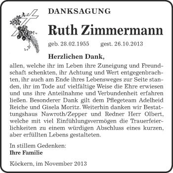 Traueranzeige von Ruth Zimmermann von WVG - Wochenspiegel Bitterfeld