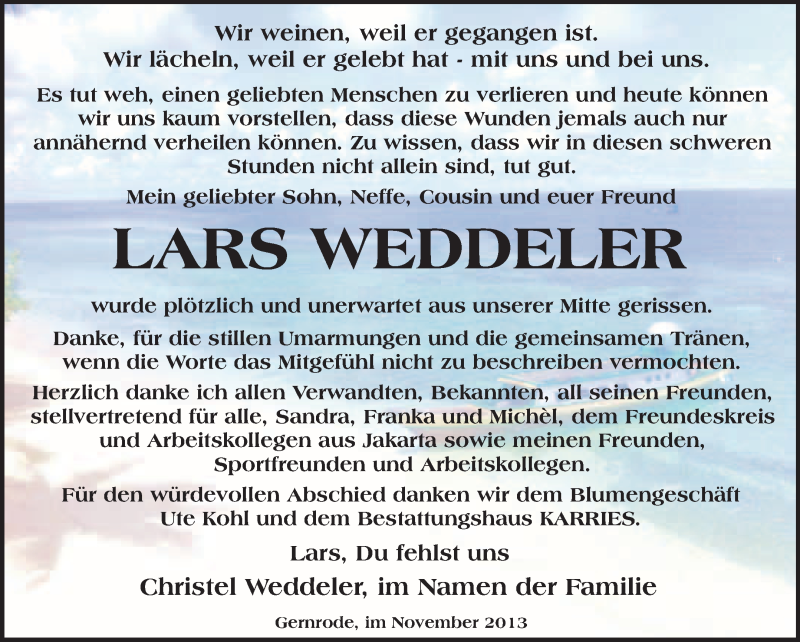  Traueranzeige für Lars Weddeler vom 27.11.2013 aus WVG - Wochenspiegel Quedlinburg