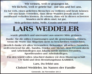 Traueranzeige von Lars Weddeler von WVG - Wochenspiegel Quedlinburg