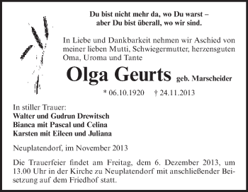 Traueranzeige von Olga Geurts von WVG - Wochenspiegel Aschersleben