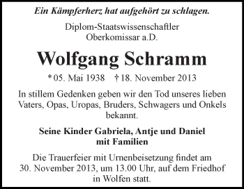 Traueranzeige von Wolfgang Schramm von WVG - Wochenspiegel Dessau / Köthen