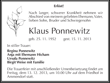 Traueranzeige von Klaus Ponnewitz von Mitteldeutsche Zeitung Halle/Saalkreis