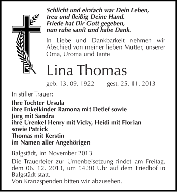 Traueranzeige von Lina Thomas von Mitteldeutsche Zeitung Naumburg/Nebra