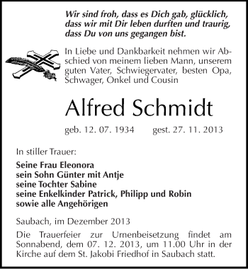 Traueranzeige von Alfred Schmidt von Mitteldeutsche Zeitung Naumburg/Nebra