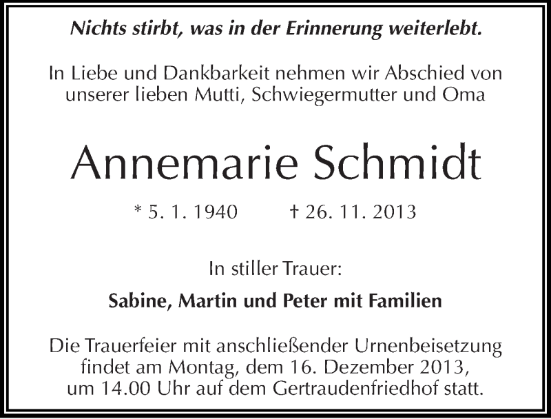  Traueranzeige für Annemarie Schmidt vom 07.12.2013 aus Mitteldeutsche Zeitung Halle/Saalkreis