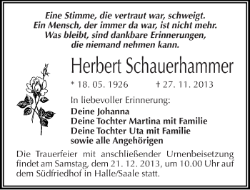 Traueranzeige von Herbert Schauerhammer von Mitteldeutsche Zeitung Halle/Saalkreis