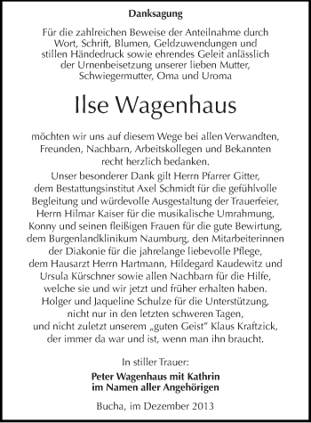 Traueranzeige von Ilse Wagenhaus von Mitteldeutsche Zeitung Naumburg/Nebra