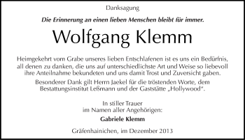 Traueranzeige von Wolfgang Klemm von Mitteldeutsche Zeitung Wittenberg